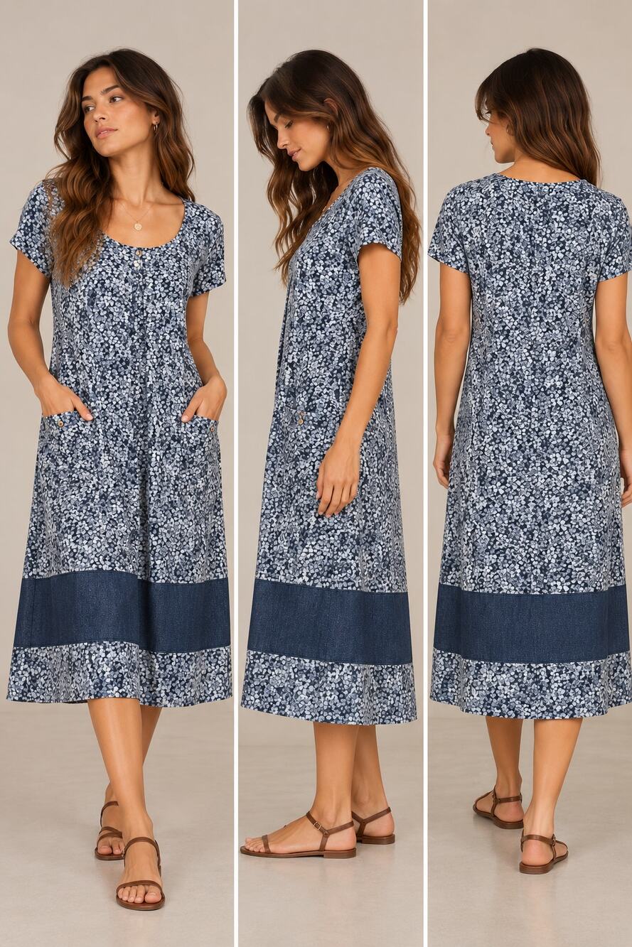 Vintage Studio 25 Floral Denim Dress Small 100% Cotton Midi Cottagecore Prairie